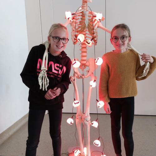 SchülerInnen posieren mit grusligem Skelett